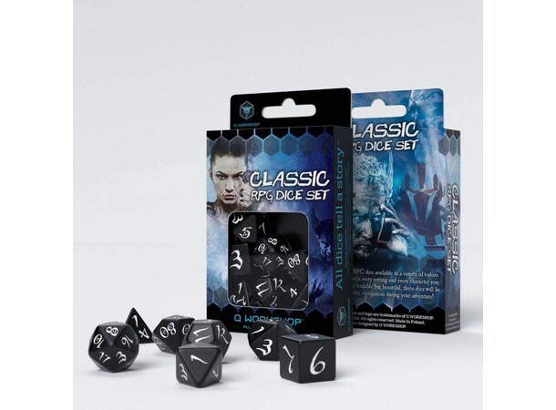 RPG Dice Set, sort, 7 stk. Sæt terninger til rollespil 