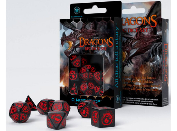 RPG Dice Set Dragons sort/rød Terninger til rollespil - 7 stk 