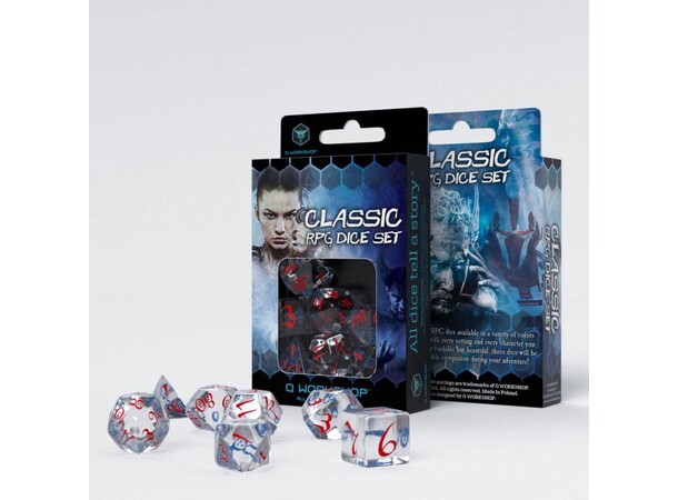 RPG Dice Set gennemsigtigt/rødt/blåt Terninger til rollespil - 7 stk 