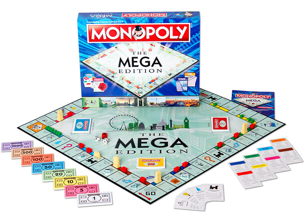 Monopoly Mega Edition Brætspil 12 ekstra felter 8 flere gadenavne 