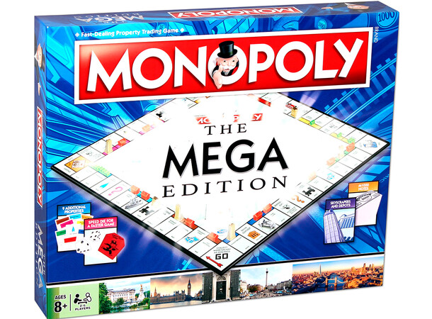 Monopoly Mega Edition Brætspil 12 ekstra felter 8 flere gadenavne 