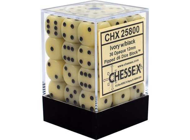 Terning D6 12 mm 36 stk. Elfenben/Sort Chessex 25800 D6 Dice Block 