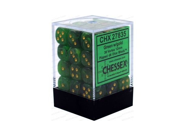 Terning D6 12 mm 36 stk. Grøn/Guld Chessex 27835 D6 Dice Block 