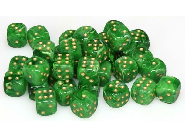 Terning D6 12 mm 36 stk. Grøn/Guld Chessex 27835 D6 Dice Block 