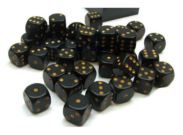 Terning D6 12 mm 36 stk. Sort/Guld Chessex 25828 D6 Dice Block 