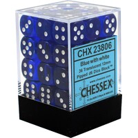 Terning D6 12 mm 36 stk. Blå/Hvid Chessex 23806 D6 Dice Block