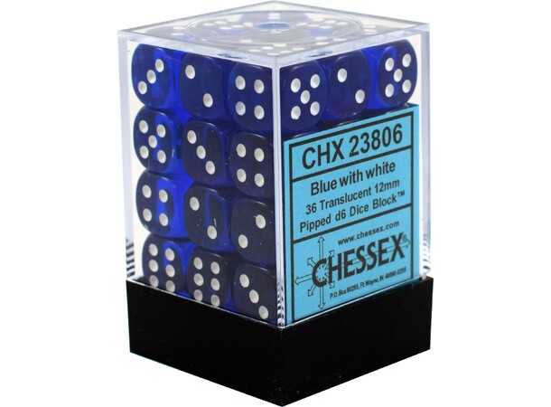 Terning D6 12 mm 36 stk. Blå/Hvid Chessex 23806 D6 Dice Block 
