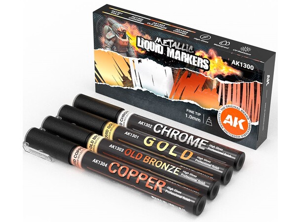 AK Metallic Liquid Markers - 4 stk Krom, Guld, Gammel bronze, Kobber 