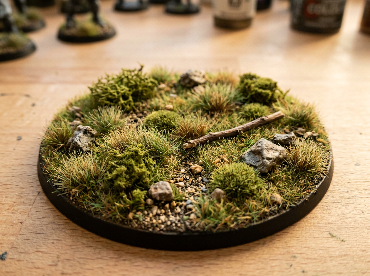 Færdig miniaturbase med græs og vegetation